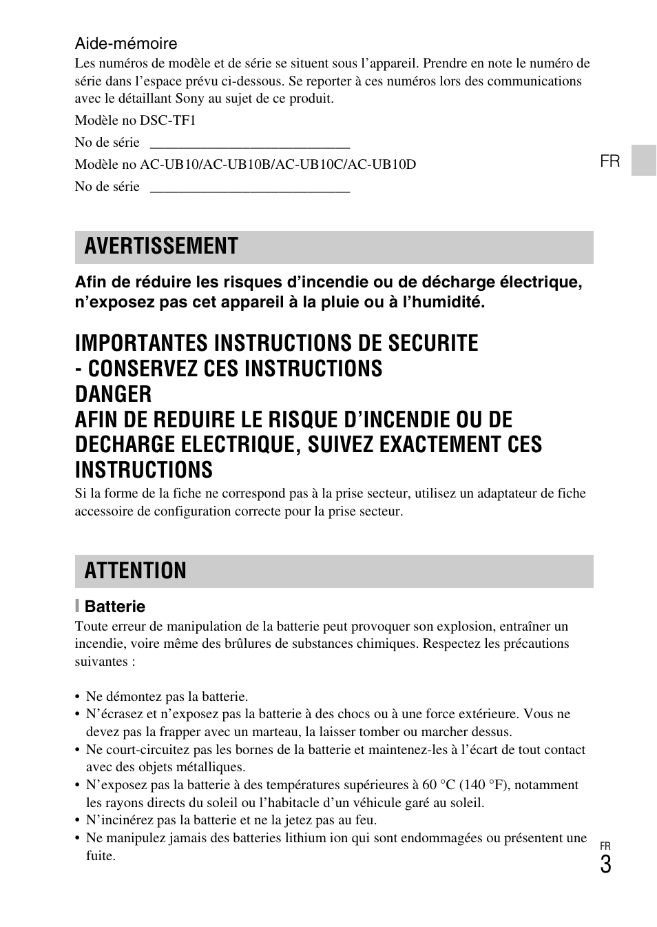 Avertissement attention | Sony DSC-TF1 User Manual | Page 35 / 579