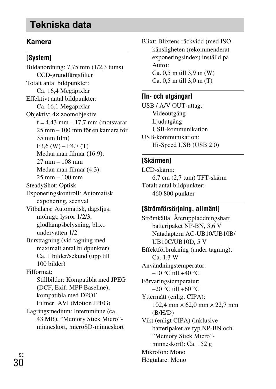 Tekniska data | Sony DSC-TF1 User Manual | Page 380 / 579