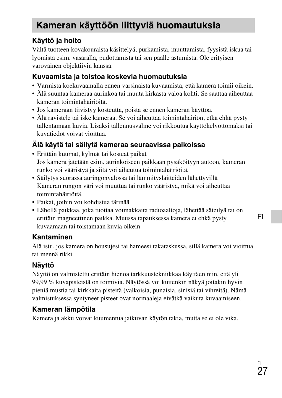 Kameran käyttöön liittyviä huomautuksia | Sony DSC-TF1 User Manual | Page 407 / 579