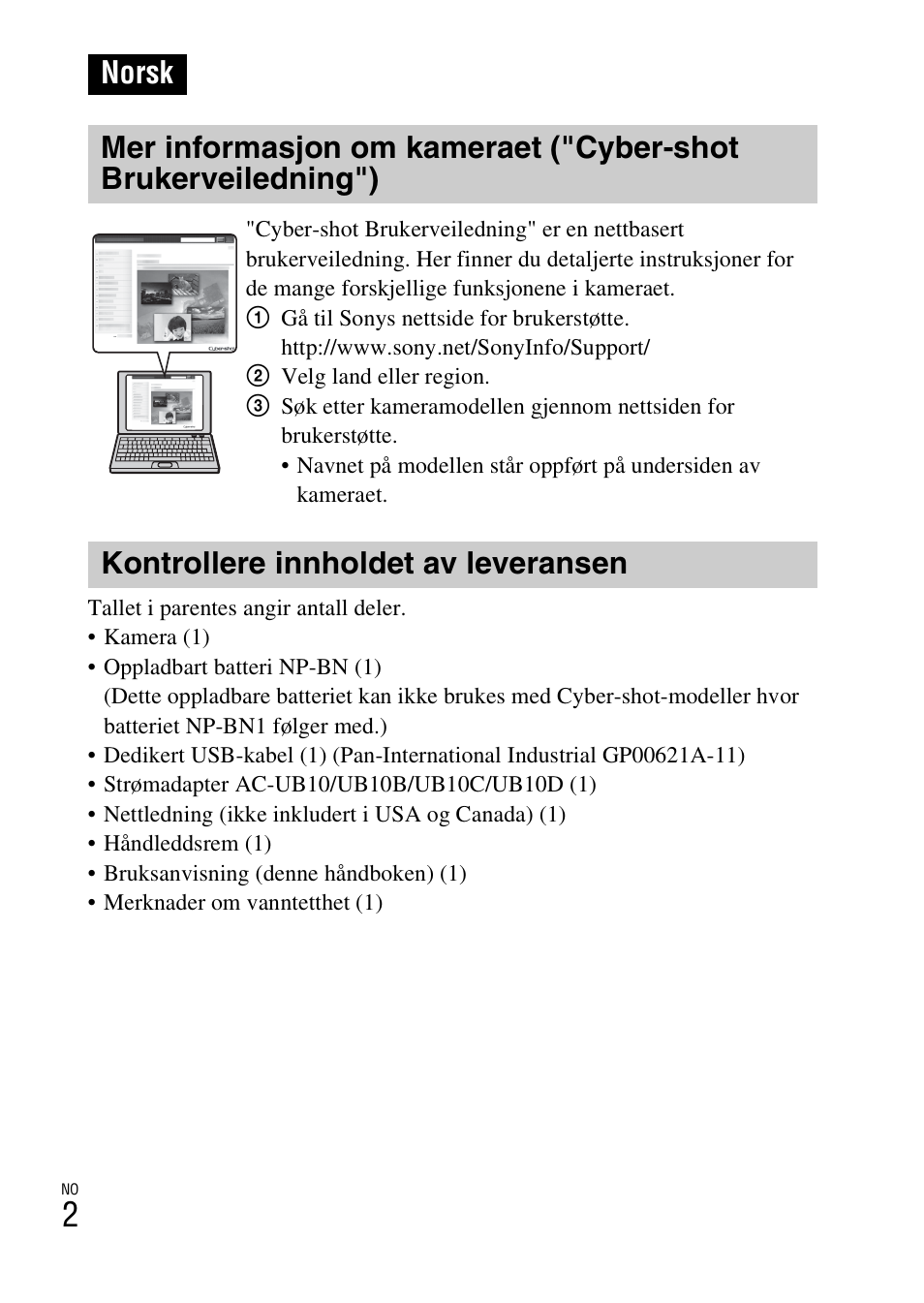 Norsk, Kontrollere innholdet av leveransen | Sony DSC-TF1 User Manual | Page 412 / 579