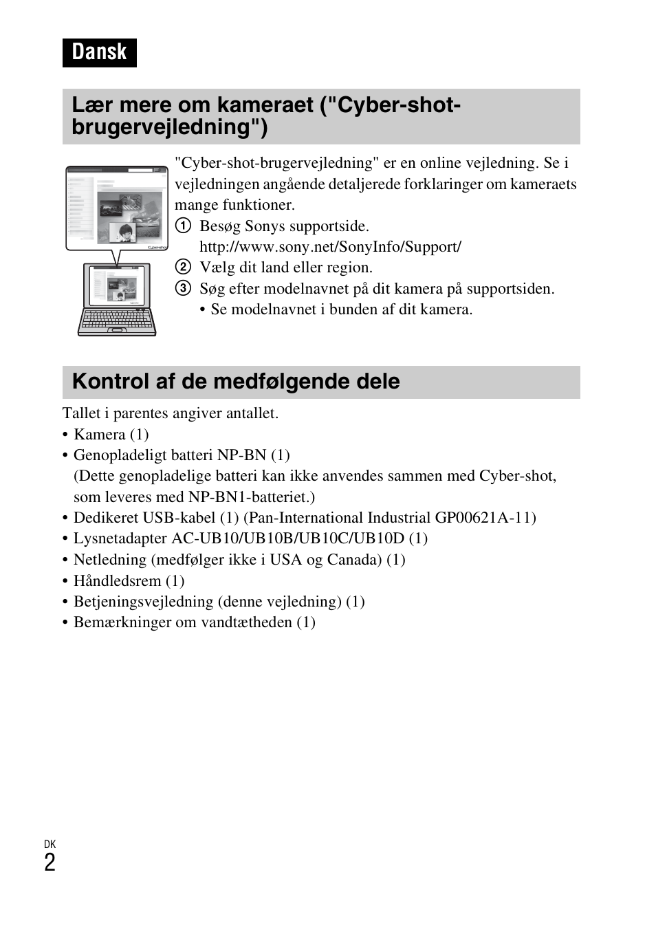 Dansk, Kontrol af de medfølgende dele | Sony DSC-TF1 User Manual | Page 442 / 579