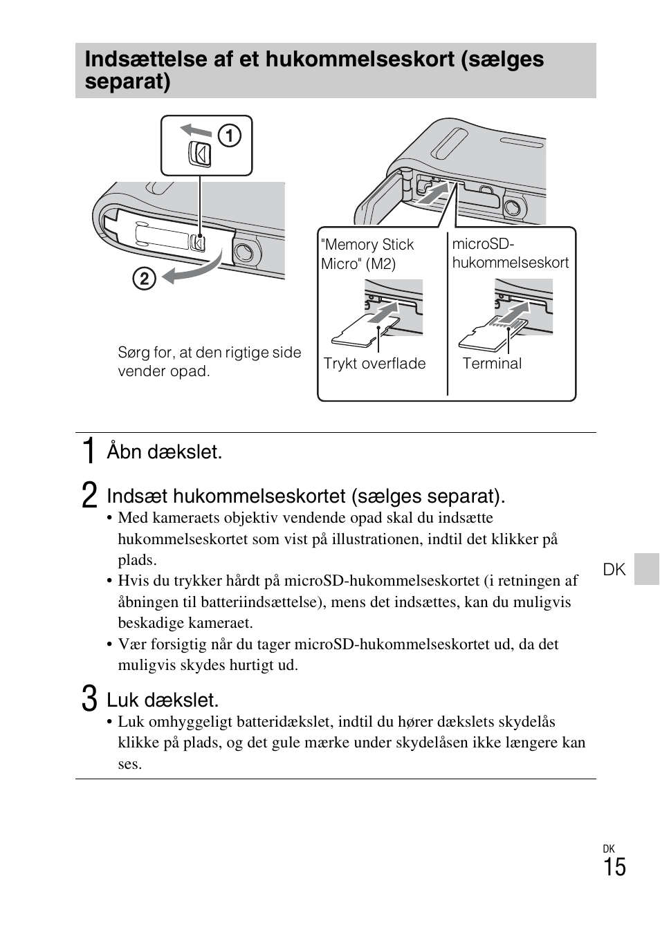 Indsættelse af et hukommelseskort (sælges separat) | Sony DSC-TF1 User Manual | Page 455 / 579