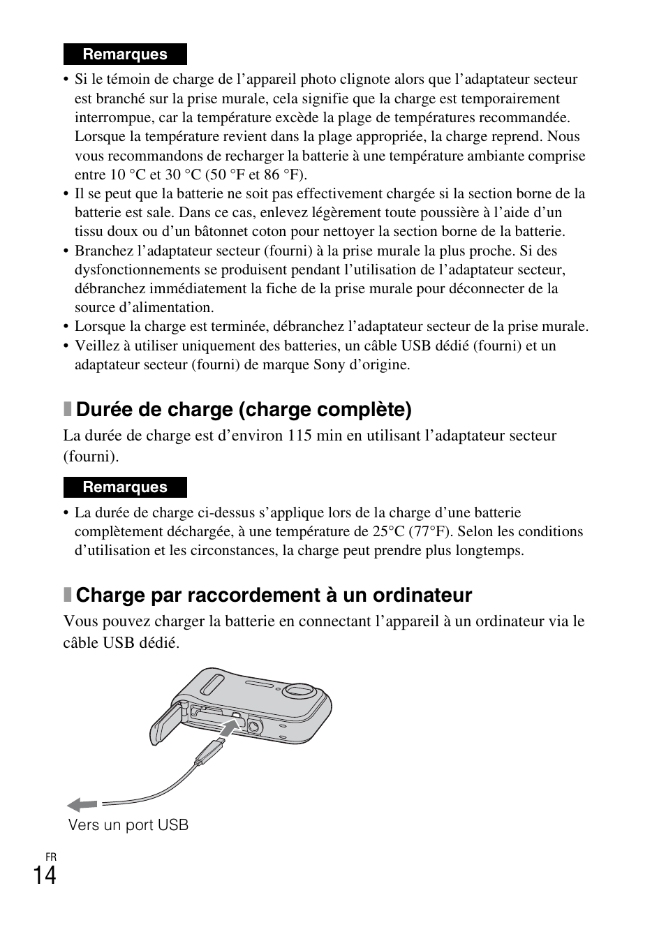Xdurée de charge (charge complète), Xcharge par raccordement à un ordinateur | Sony DSC-TF1 User Manual | Page 46 / 579
