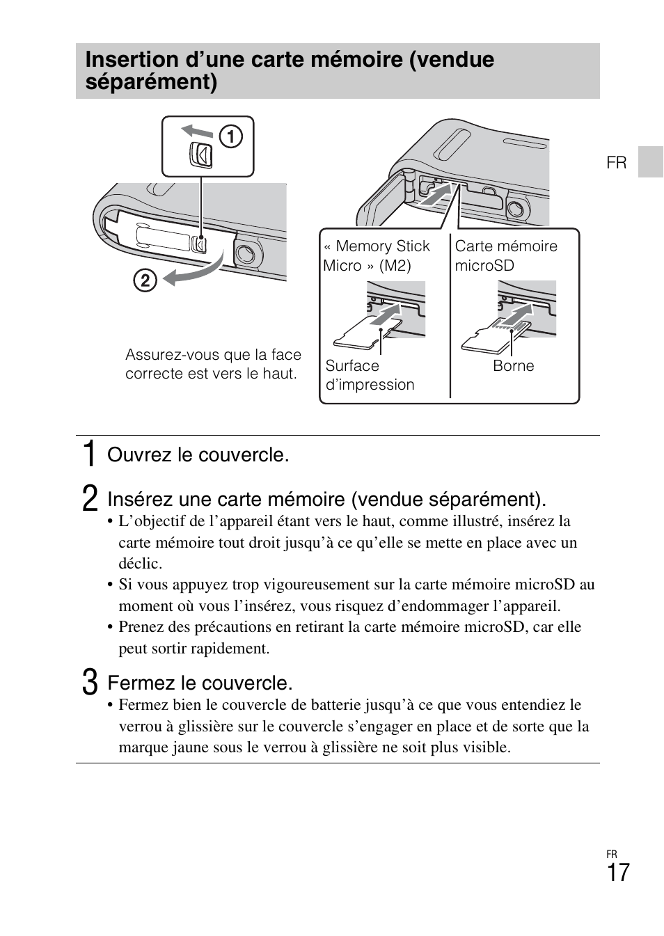 Insertion d’une carte mémoire (vendue séparément) | Sony DSC-TF1 User Manual | Page 49 / 579