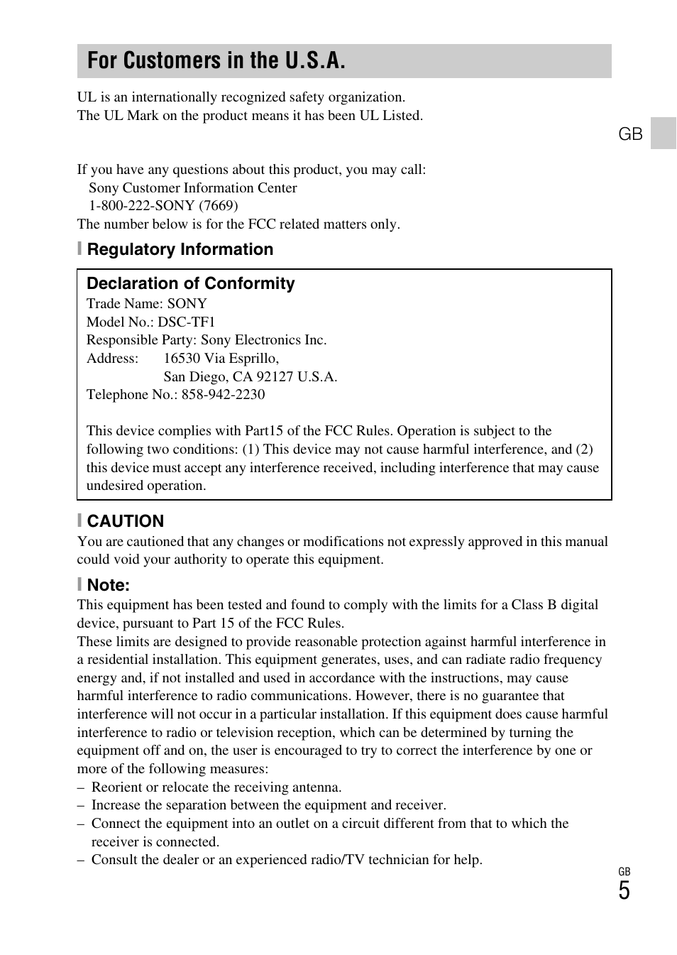 For customers in the u.s.a | Sony DSC-TF1 User Manual | Page 5 / 579