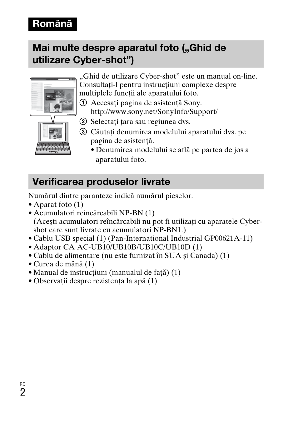 Română, Verificarea produselor livrate | Sony DSC-TF1 User Manual | Page 504 / 579