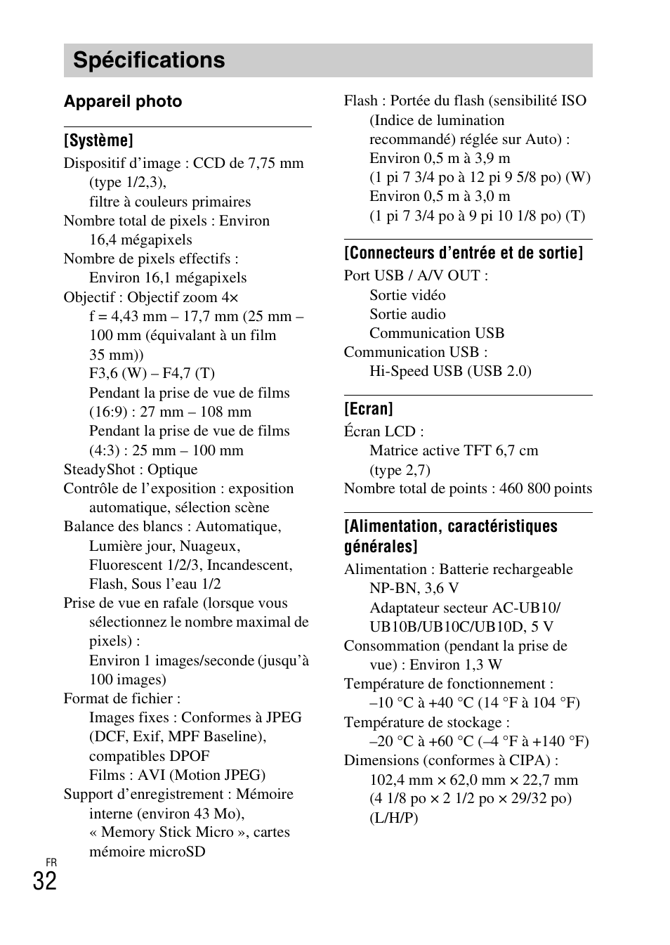 Spécifications | Sony DSC-TF1 User Manual | Page 64 / 579