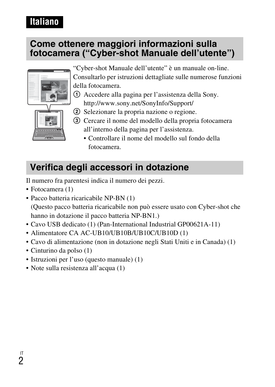 Italiano, Verifica degli accessori in dotazione | Sony DSC-TF1 User Manual | Page 68 / 579