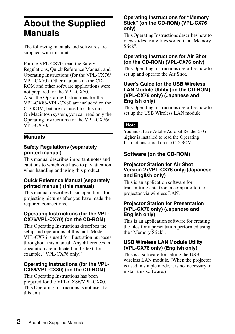 About the supplied manuals | Sony VPL-CX70 User Manual | Page 14 / 88