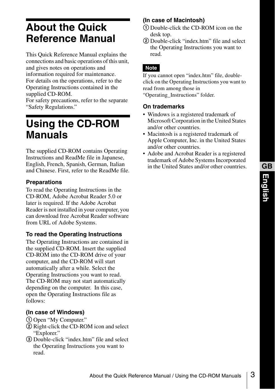 About the quick reference manual, Using the cd-rom manuals, Engli s h | Sony VPL-CX70 User Manual | Page 15 / 88