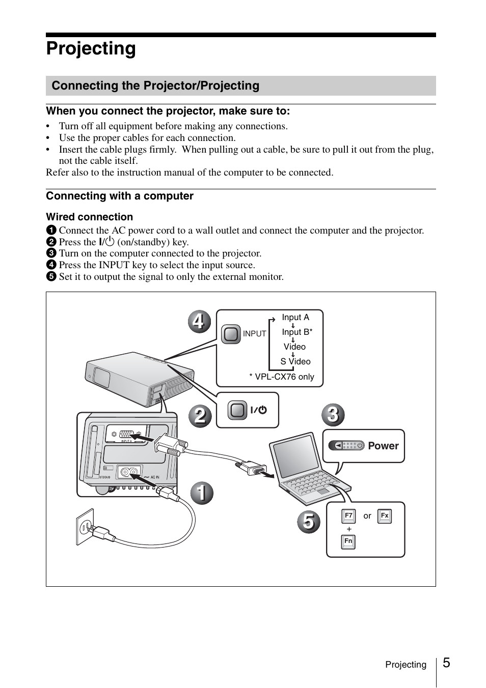 Projecting, Connecting the projector/projecting | Sony VPL-CX70 User Manual | Page 17 / 88