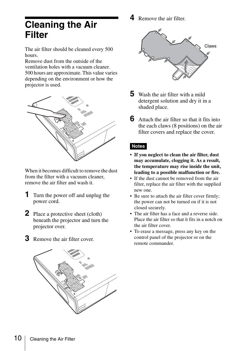 Cleaning the air filter | Sony VPL-CX70 User Manual | Page 22 / 88