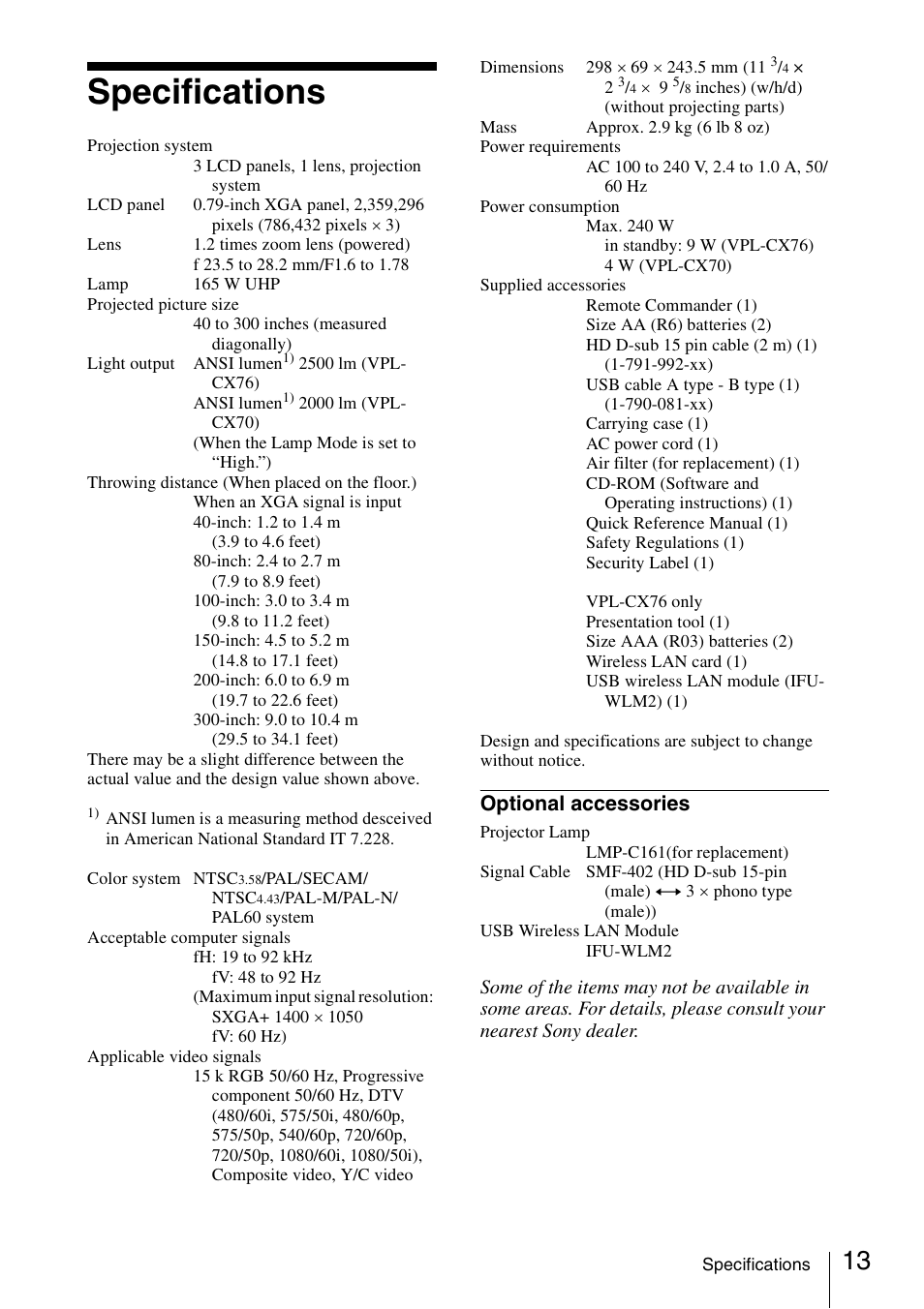 Specifications, Optional accessories | Sony VPL-CX70 User Manual | Page 25 / 88