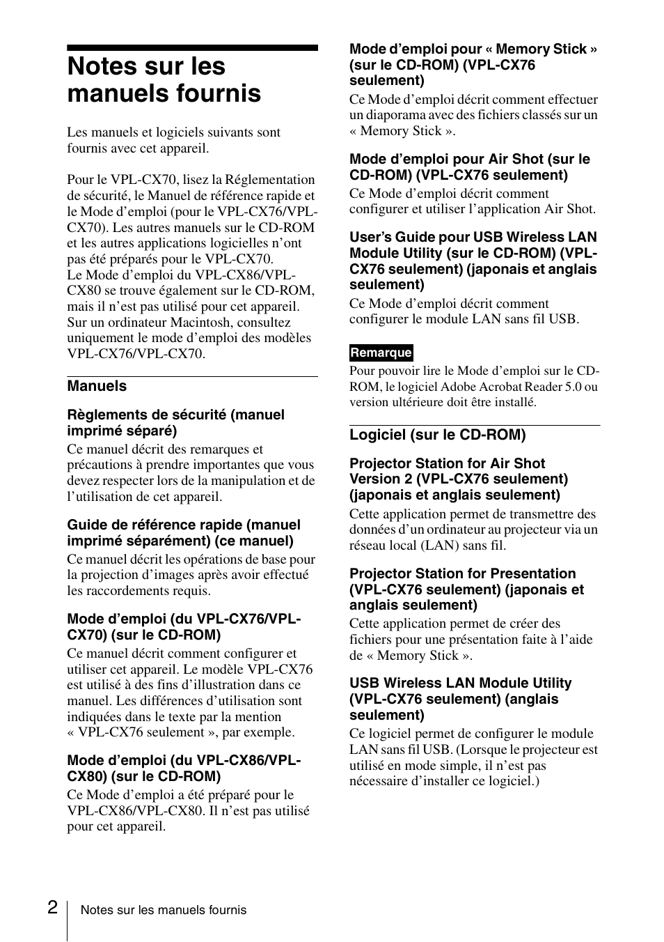 Notes sur les manuels fournis | Sony VPL-CX70 User Manual | Page 26 / 88