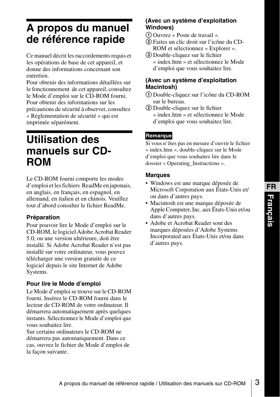 A propos du manuel de référence rapide, Utilisation des manuels sur cd-rom, Utilisation des manuels sur cd- rom | Français | Sony VPL-CX70 User Manual | Page 27 / 88
