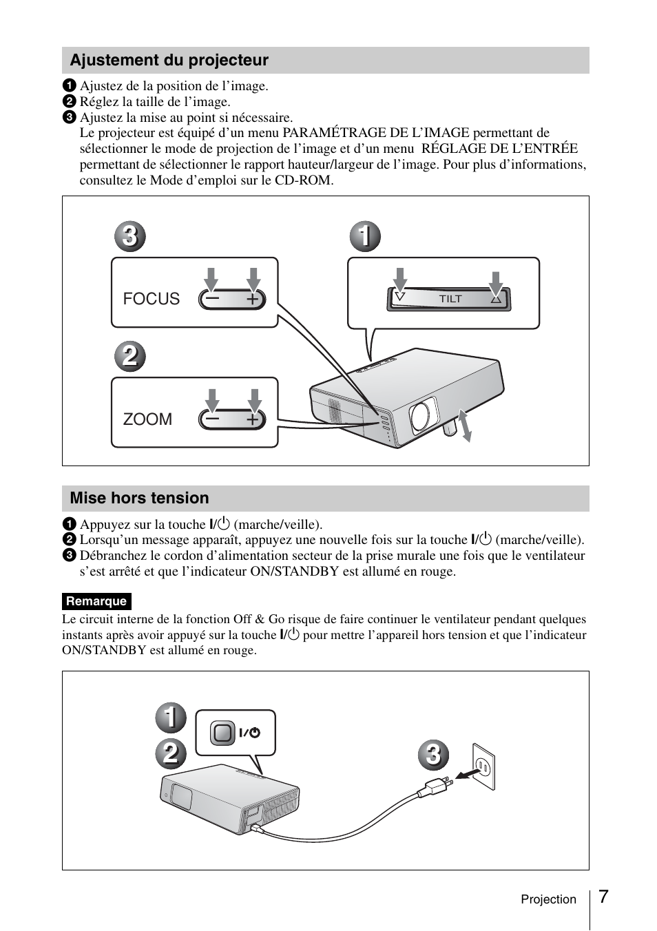 Ajustement du projecteur, Mise hors tension | Sony VPL-CX70 User Manual | Page 31 / 88