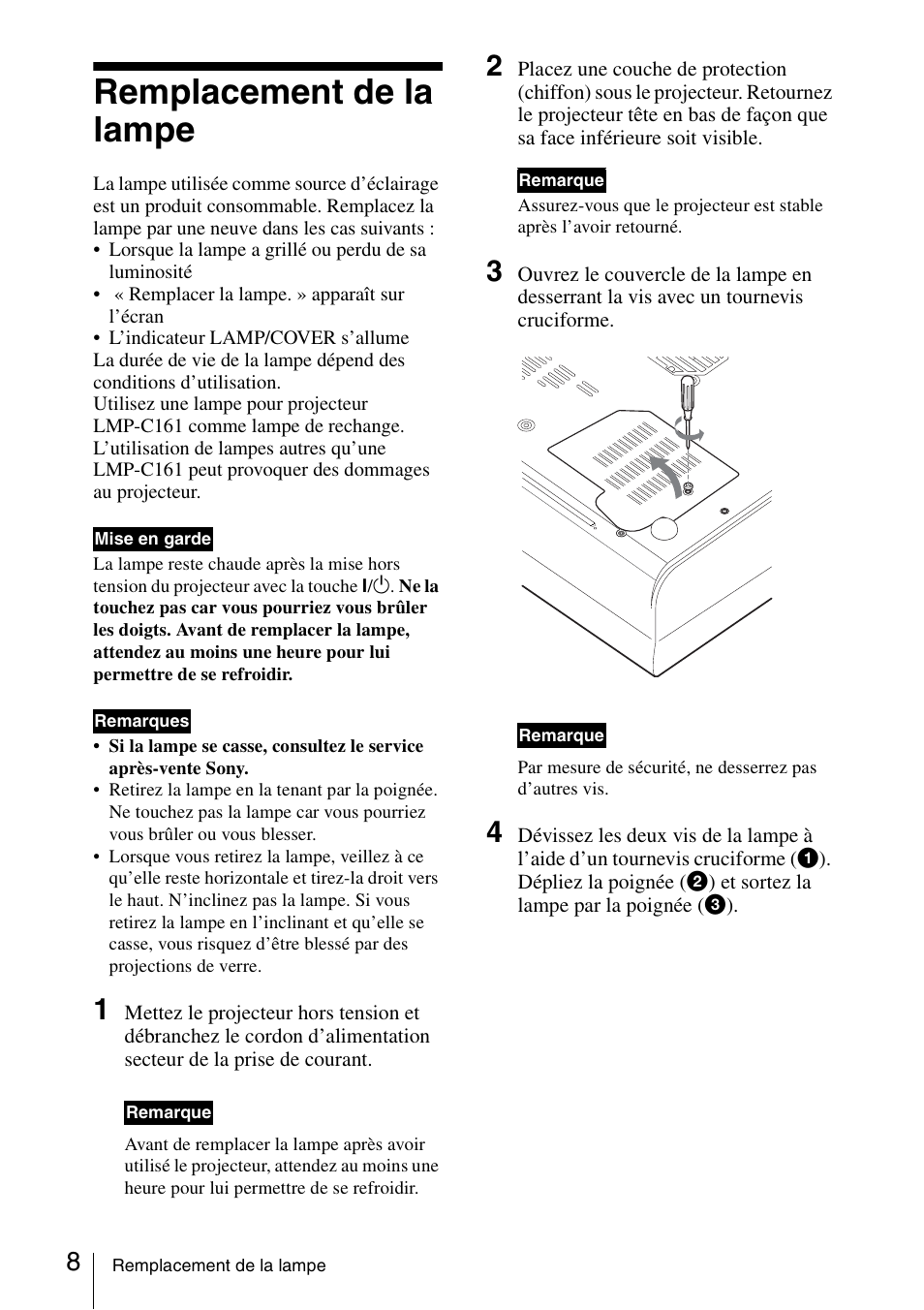 Remplacement de la lampe | Sony VPL-CX70 User Manual | Page 32 / 88