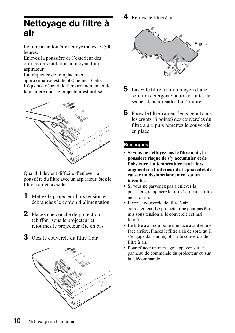 Nettoyage du filtre à air | Sony VPL-CX70 User Manual | Page 34 / 88