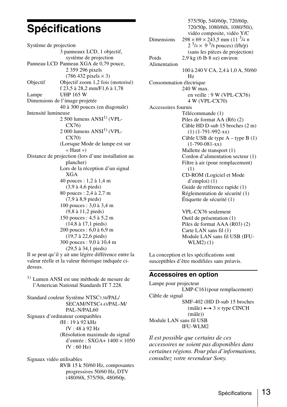 Spécifications, Accessoires en option | Sony VPL-CX70 User Manual | Page 37 / 88