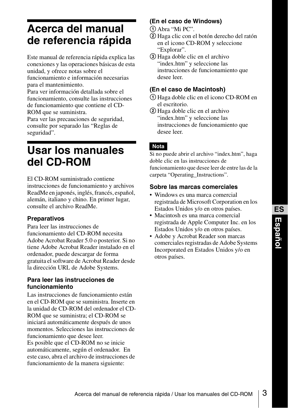 Acerca del manual de referencia rápida, Usar los manuales del cd-rom, Español | Sony VPL-CX70 User Manual | Page 39 / 88