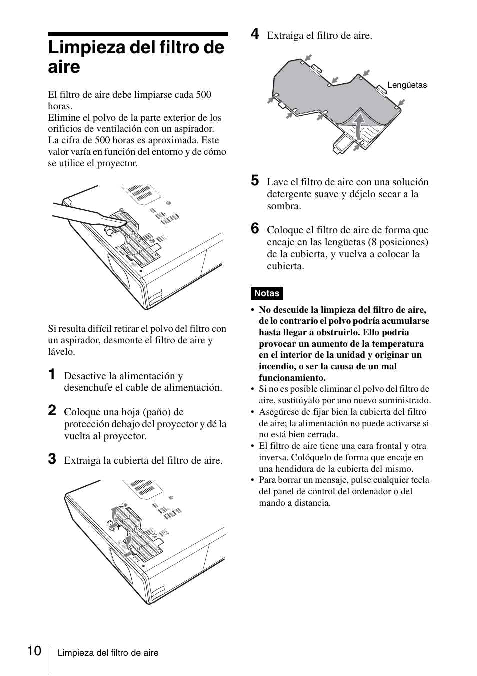 Limpieza del filtro de aire | Sony VPL-CX70 User Manual | Page 46 / 88