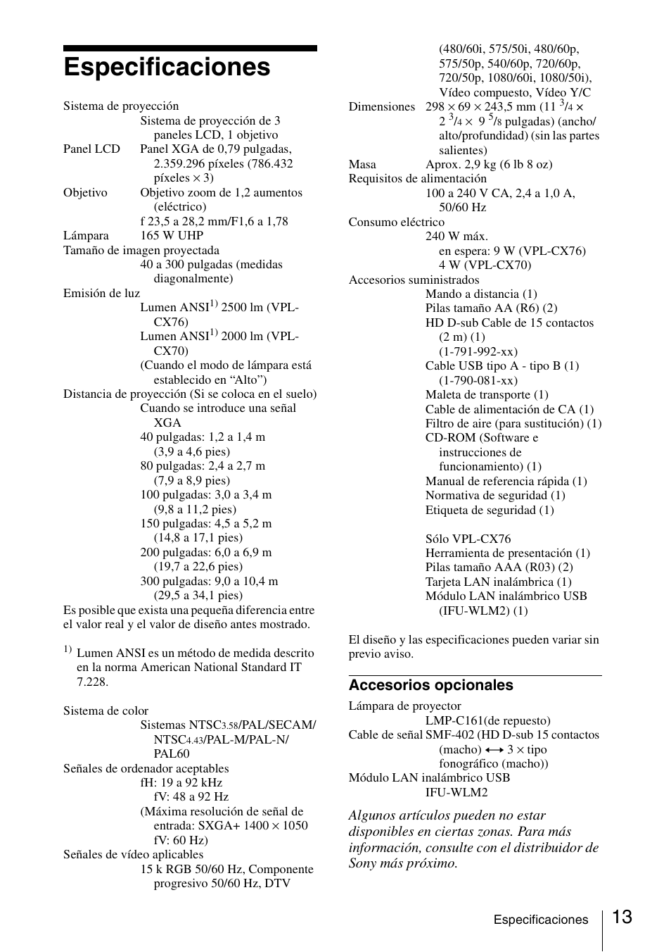 Especificaciones, Accesorios opcionales | Sony VPL-CX70 User Manual | Page 49 / 88