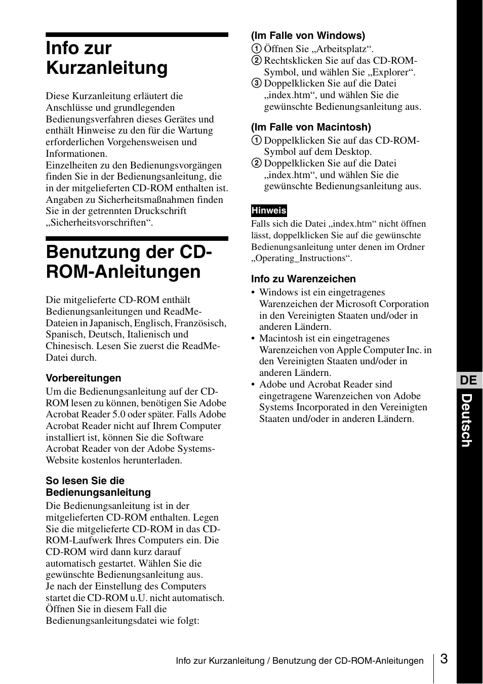 Info zur kurzanleitung, Benutzung der cd-rom-anleitungen, Benutzung der cd- rom-anleitungen | De uts c h | Sony VPL-CX70 User Manual | Page 51 / 88