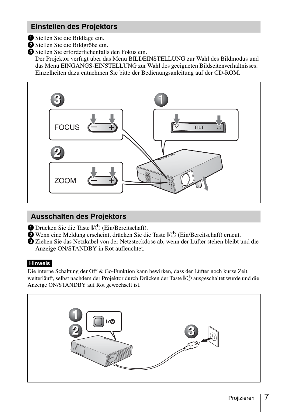 Einstellen des projektors, Ausschalten des projektors | Sony VPL-CX70 User Manual | Page 55 / 88