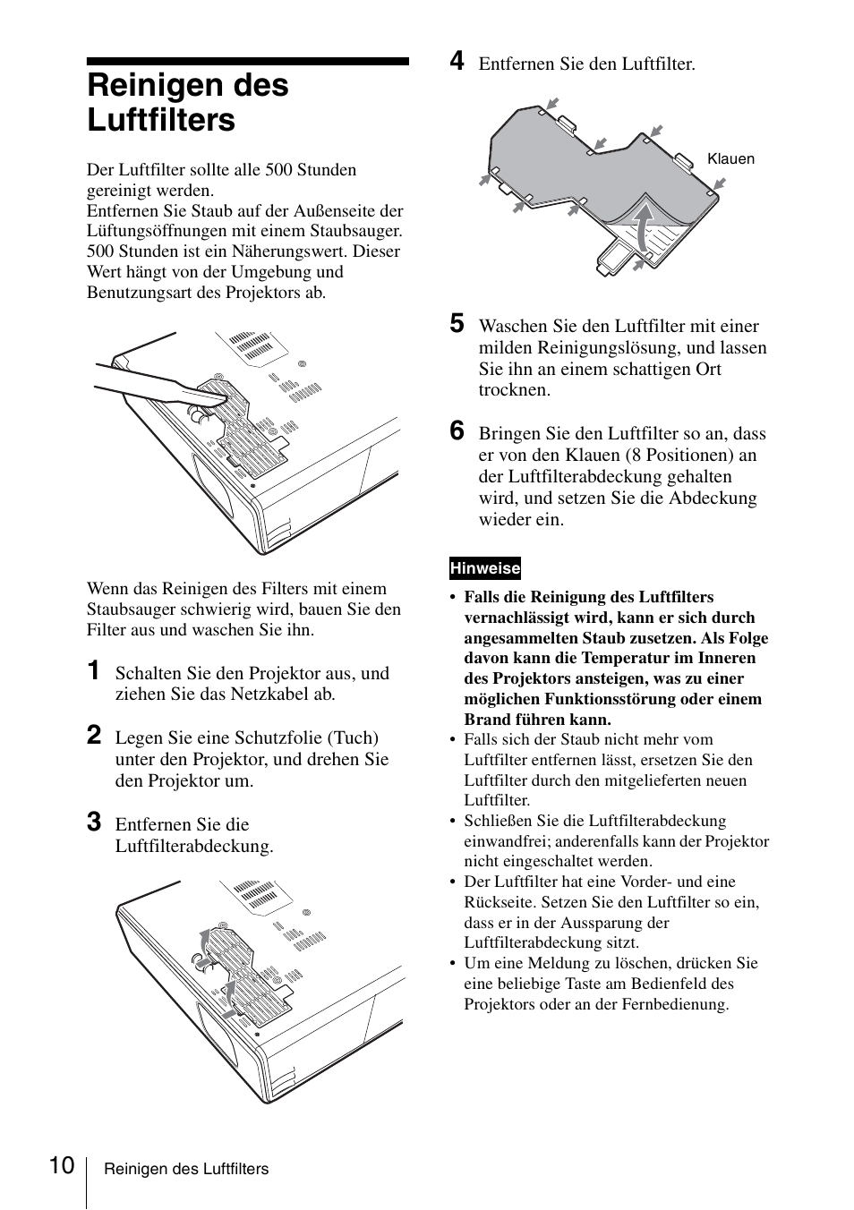 Reinigen des luftfilters | Sony VPL-CX70 User Manual | Page 58 / 88