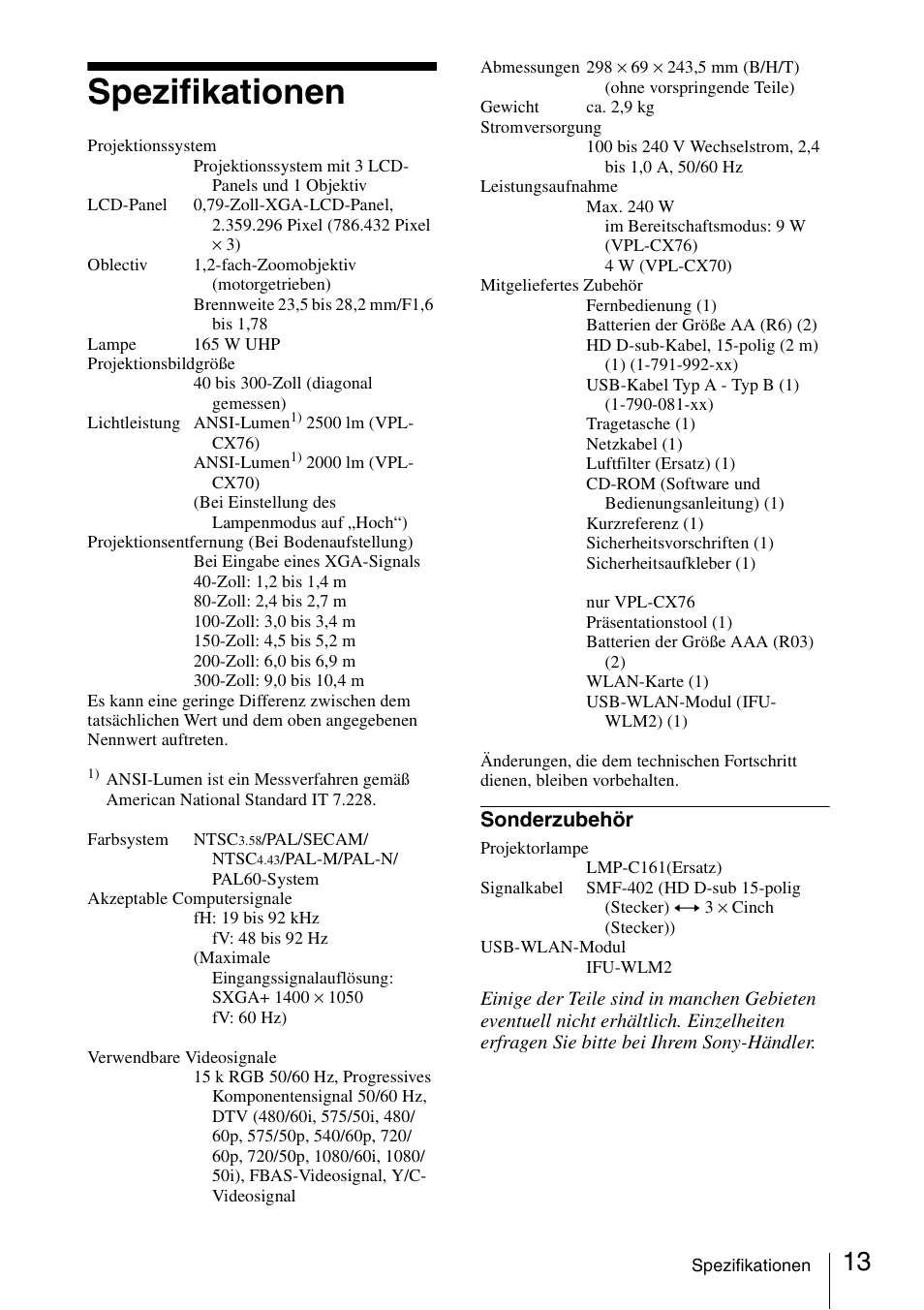 Spezifikationen, Sonderzubehör | Sony VPL-CX70 User Manual | Page 61 / 88