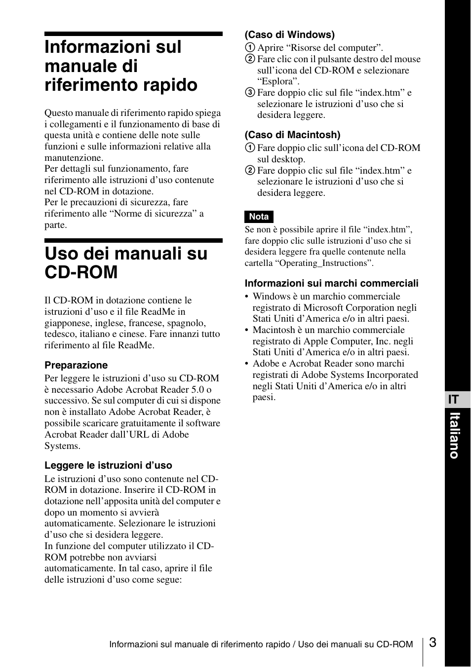 Informazioni sul manuale di riferimento rapido, Uso dei manuali su cd-rom, It a lia no | Sony VPL-CX70 User Manual | Page 63 / 88