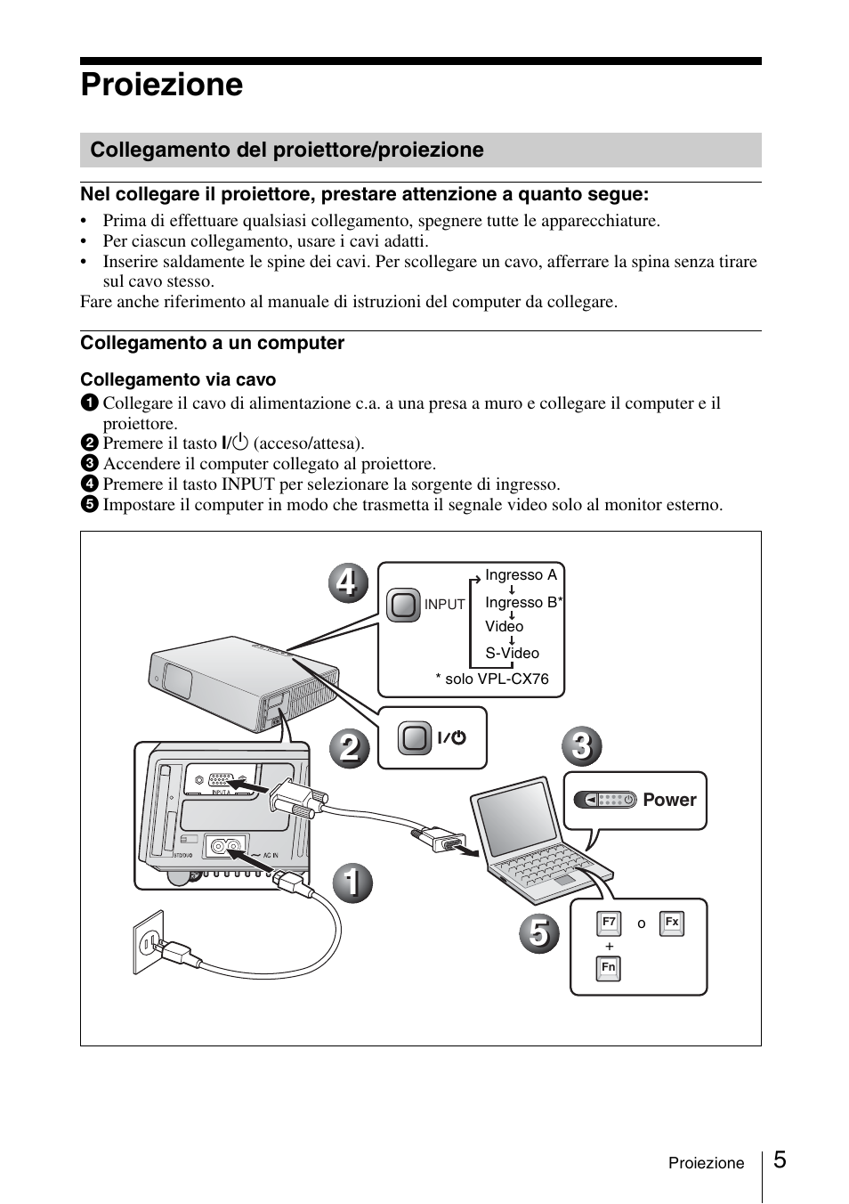 Proiezione, Collegamento del proiettore/proiezione | Sony VPL-CX70 User Manual | Page 65 / 88