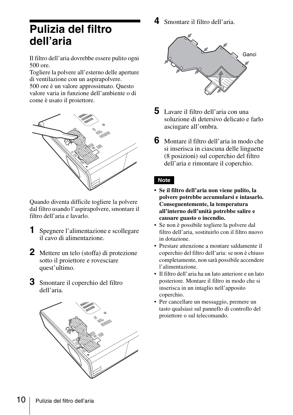 Pulizia del filtro dell’aria | Sony VPL-CX70 User Manual | Page 70 / 88