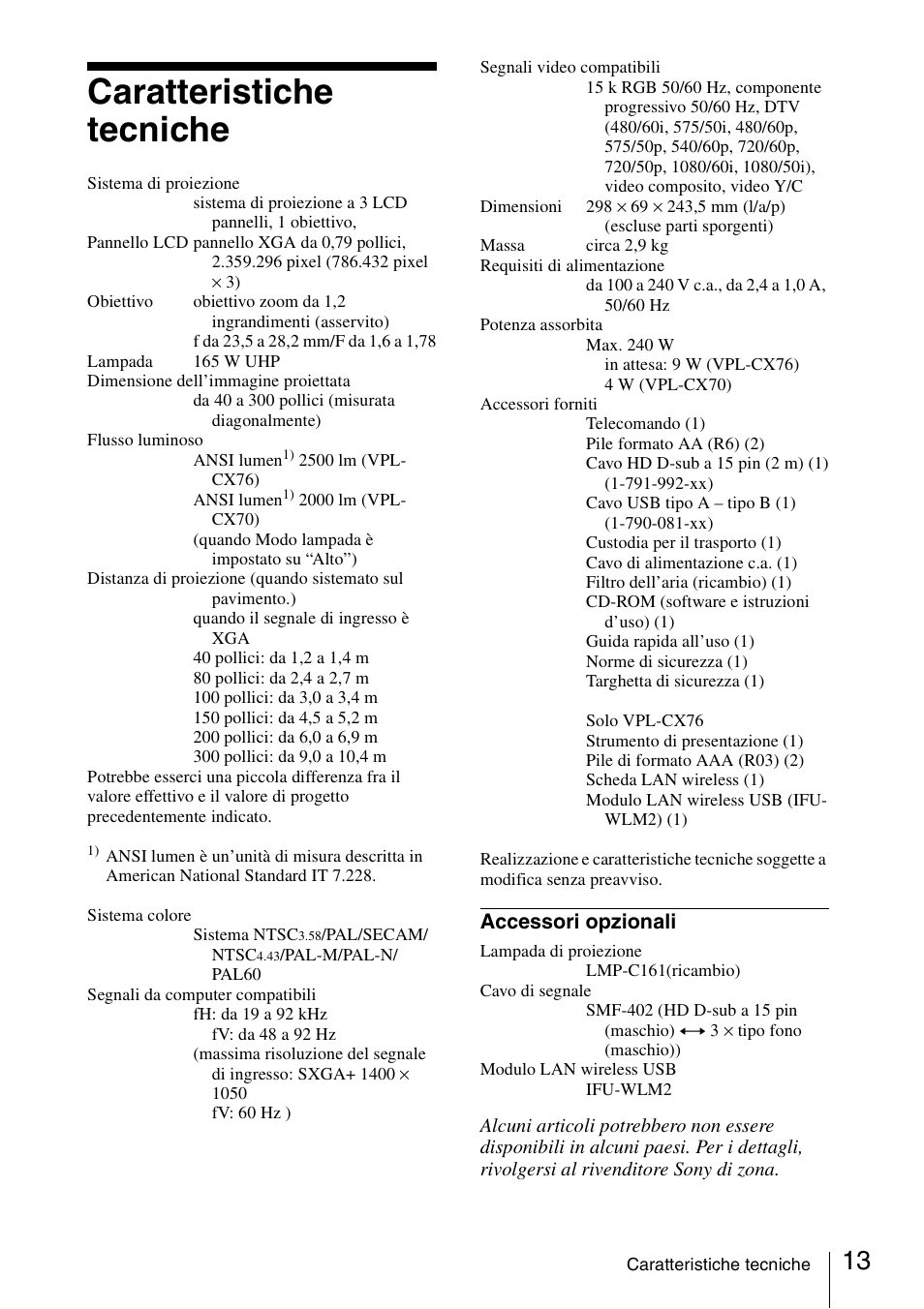 Caratteristiche tecniche, Accessori opzionali | Sony VPL-CX70 User Manual | Page 73 / 88