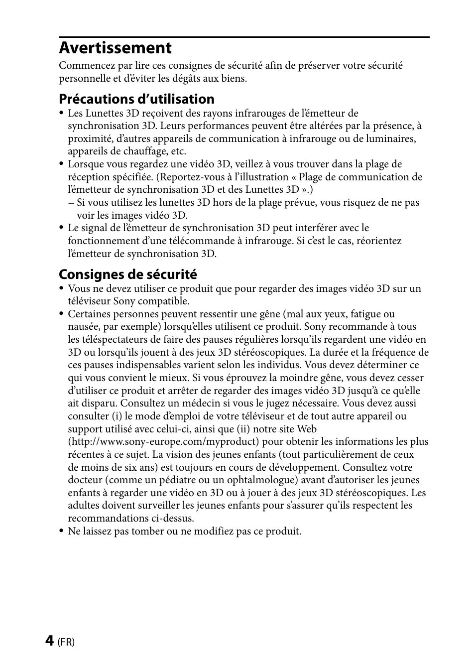 Avertissement, Précautions d’utilisation, Consignes de sécurité | Sony TMR-BR100 User Manual | Page 10 / 127