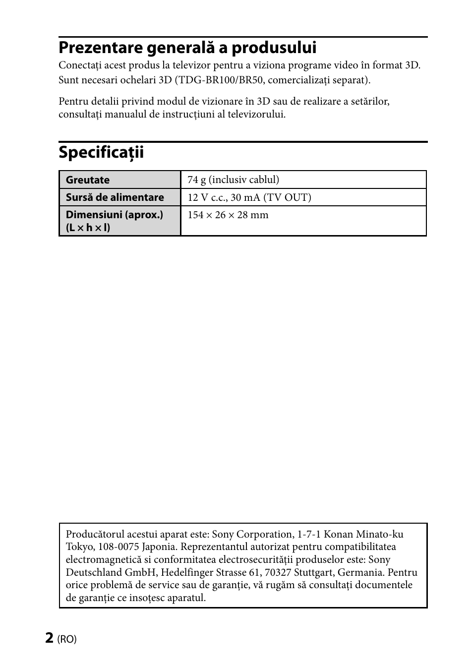 Prezentare generală a produsului, Specificaţii | Sony TMR-BR100 User Manual | Page 104 / 127