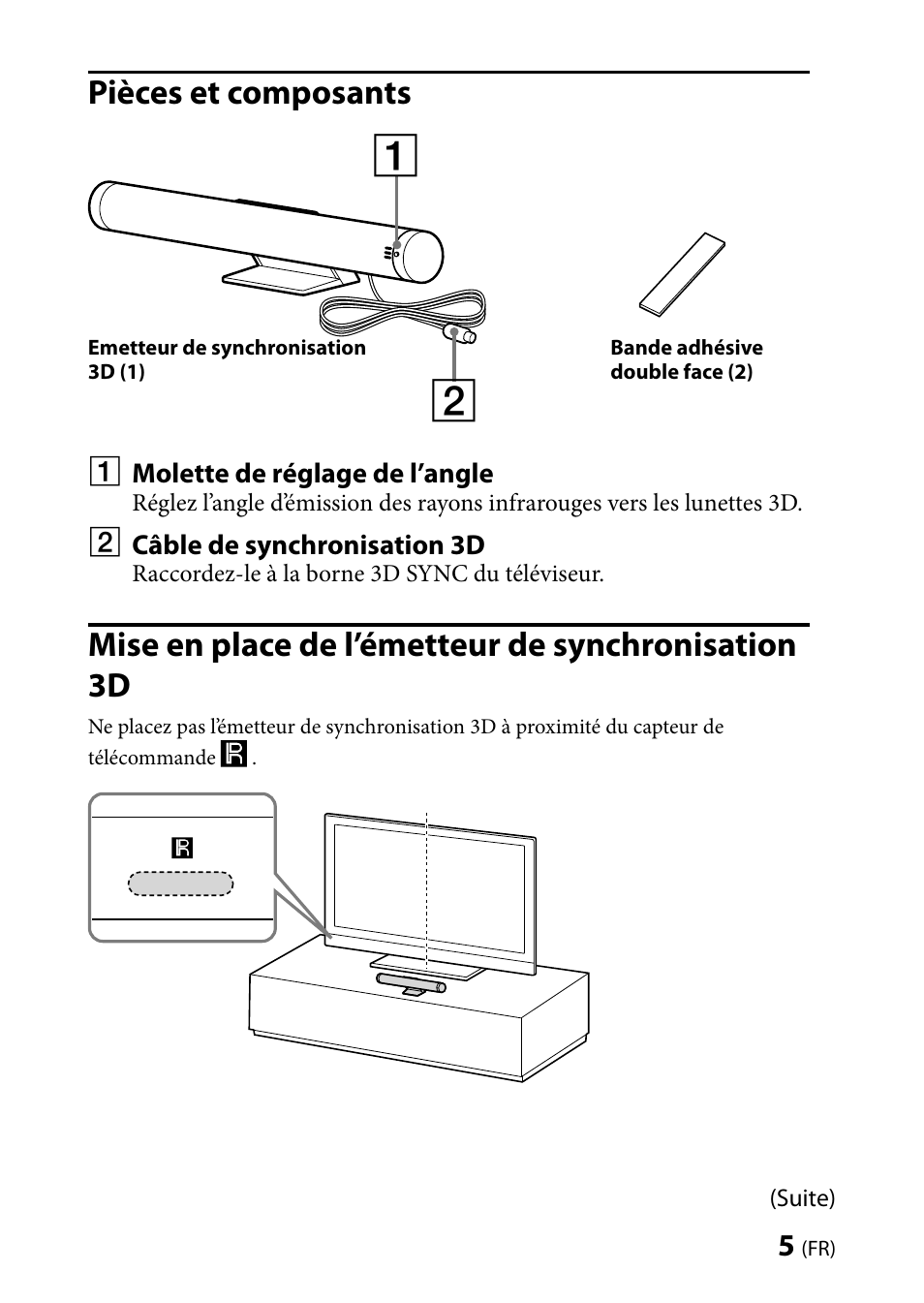 Pièces et composants, Mise en place de l’émetteur de synchronisation3d, Mise en place de l’émetteur de synchronisation 3d | Sony TMR-BR100 User Manual | Page 11 / 127