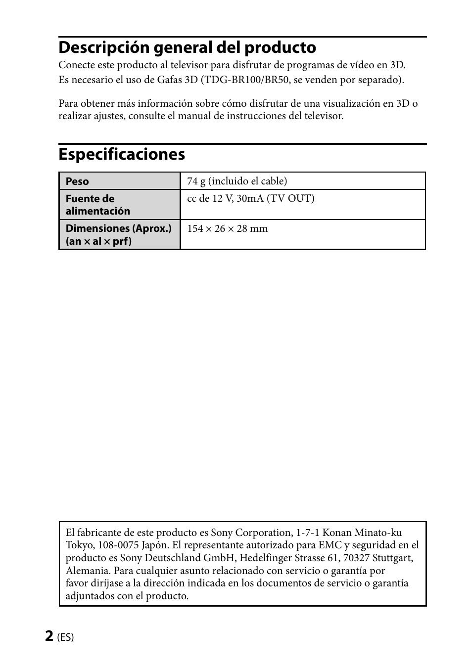 Descripción general del producto, Especificaciones | Sony TMR-BR100 User Manual | Page 14 / 127