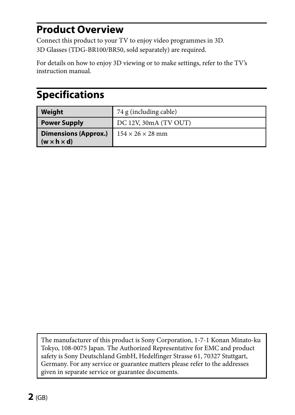 Product overview, Specifications | Sony TMR-BR100 User Manual | Page 2 / 127