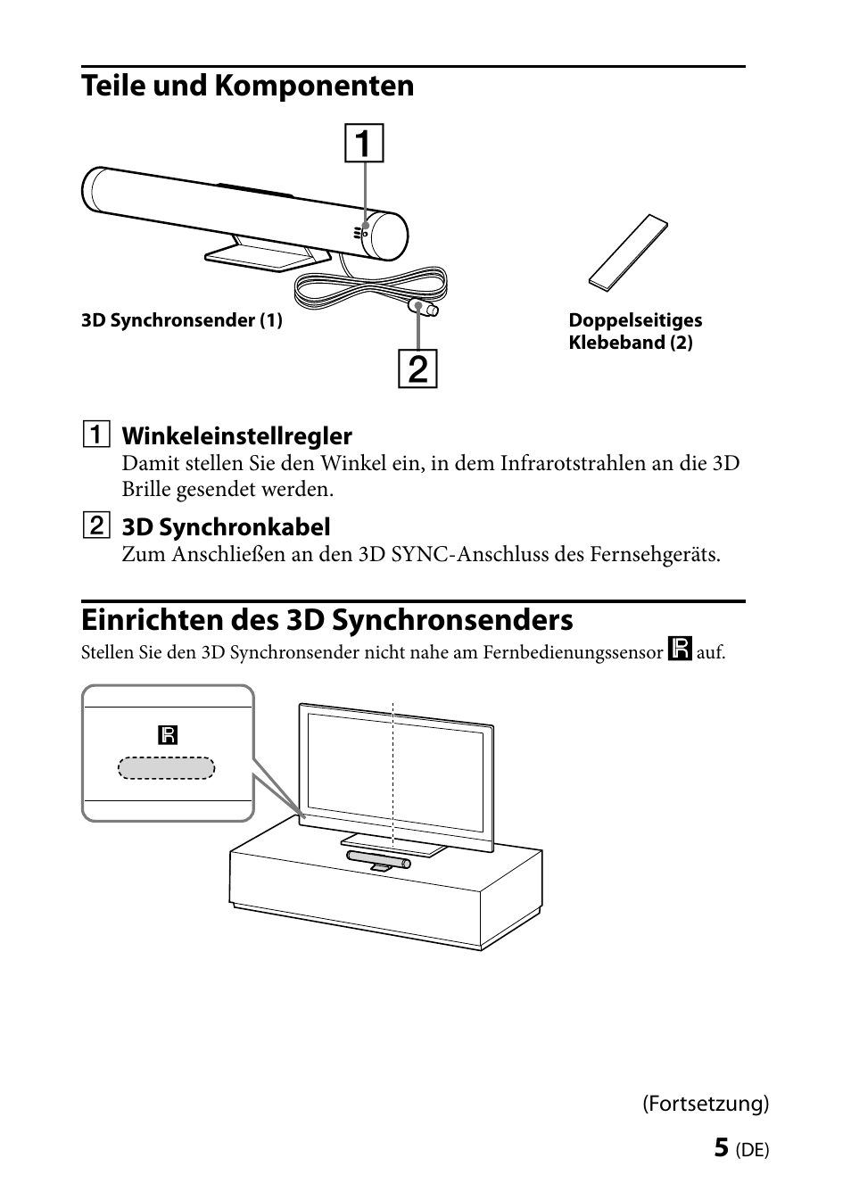 Teile und komponenten, Einrichten des 3d synchronsenders | Sony TMR-BR100 User Manual | Page 23 / 127