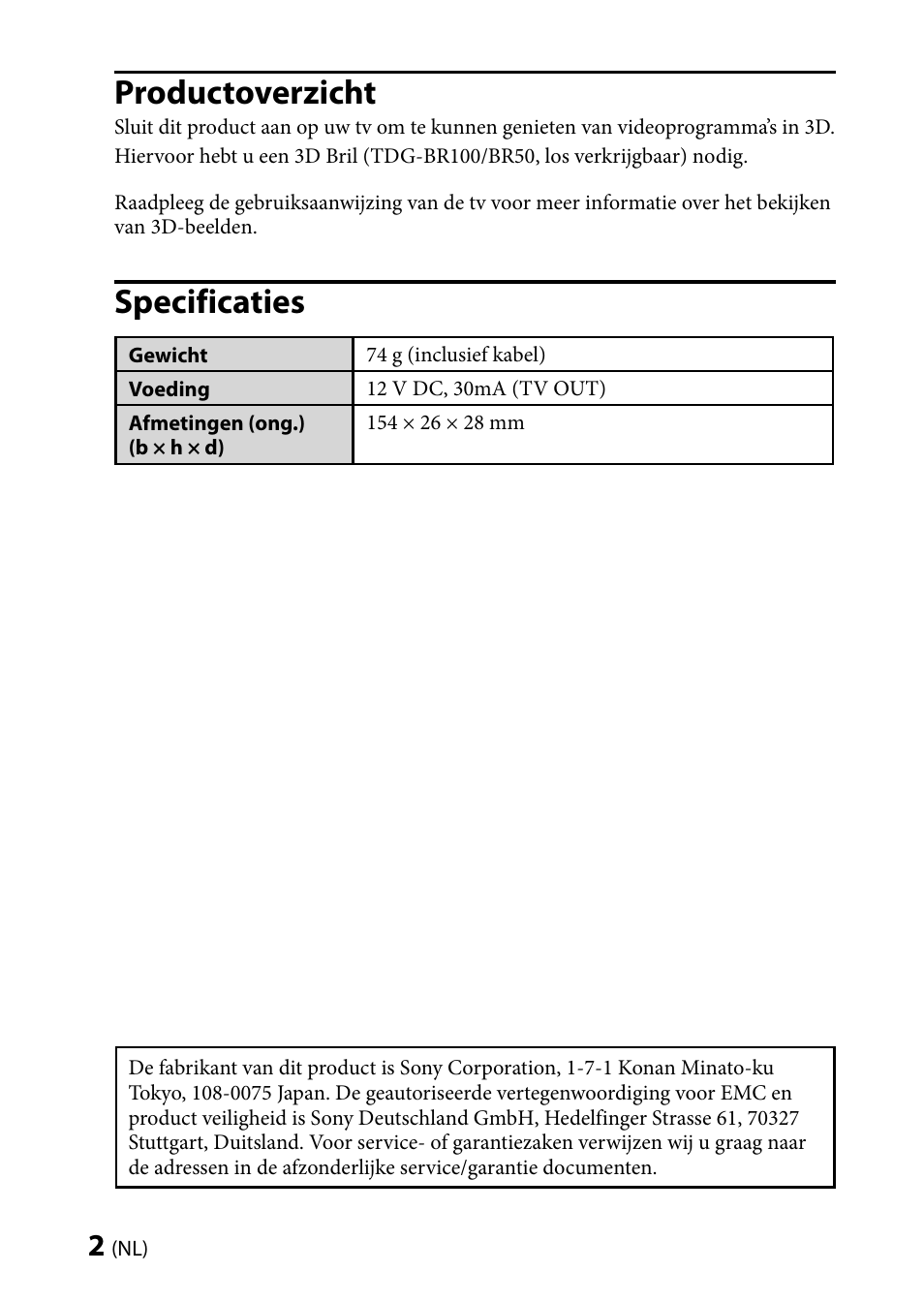 Productoverzicht, Specificaties | Sony TMR-BR100 User Manual | Page 26 / 127