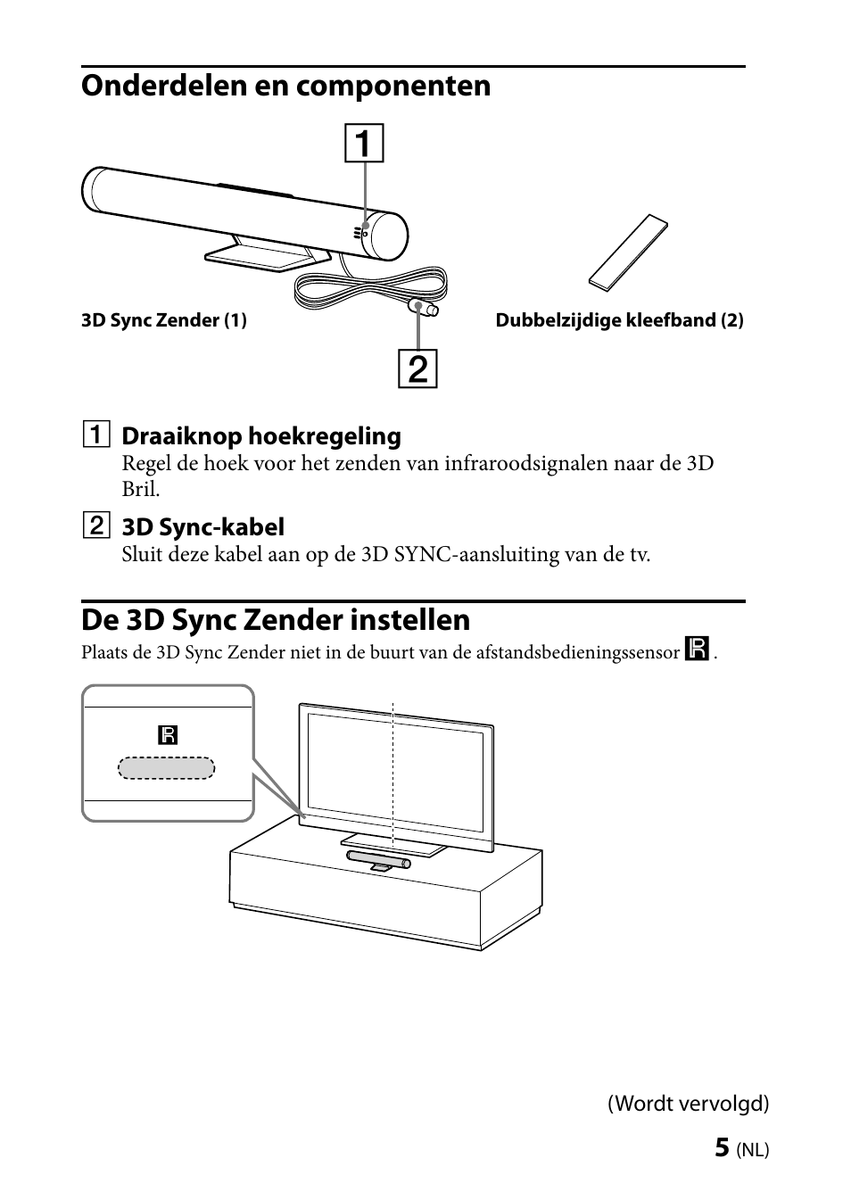 Onderdelen en componenten, De 3d sync zender instellen | Sony TMR-BR100 User Manual | Page 29 / 127