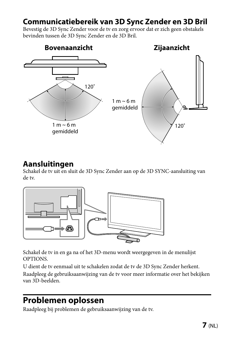 Problemen oplossen, Communicatiebereik van 3d sync zender en 3d bril, Aansluitingen | Bovenaanzicht zijaanzicht | Sony TMR-BR100 User Manual | Page 31 / 127