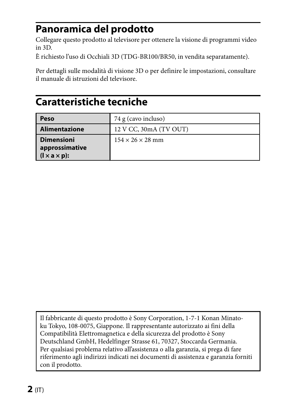 Panoramica del prodotto, Caratteristiche tecniche | Sony TMR-BR100 User Manual | Page 32 / 127