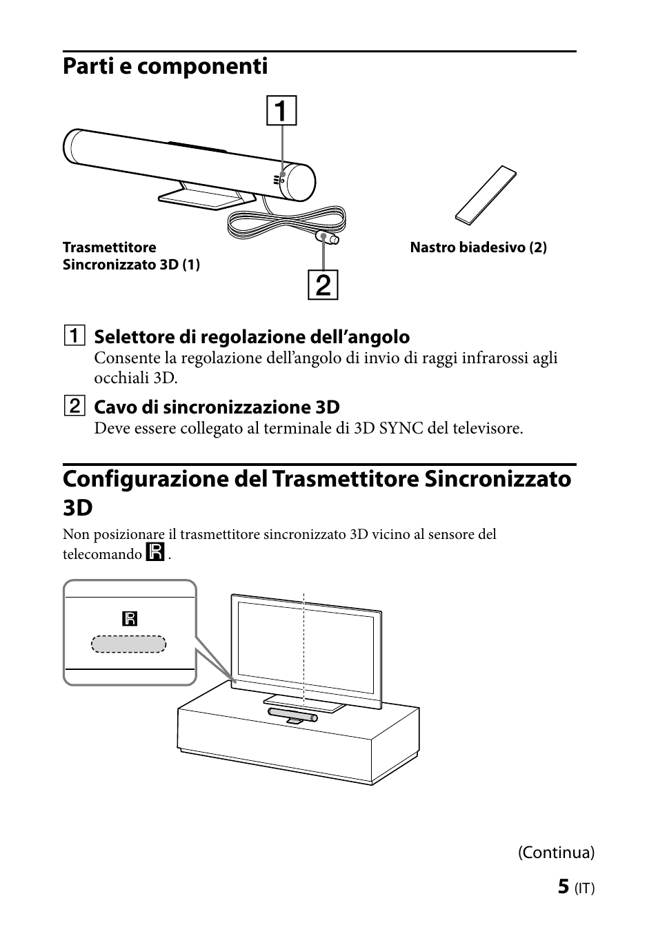 Parti e componenti, Configurazione del trasmettitore sincronizzato3d, Configurazione del trasmettitore sincronizzato 3d | Sony TMR-BR100 User Manual | Page 35 / 127