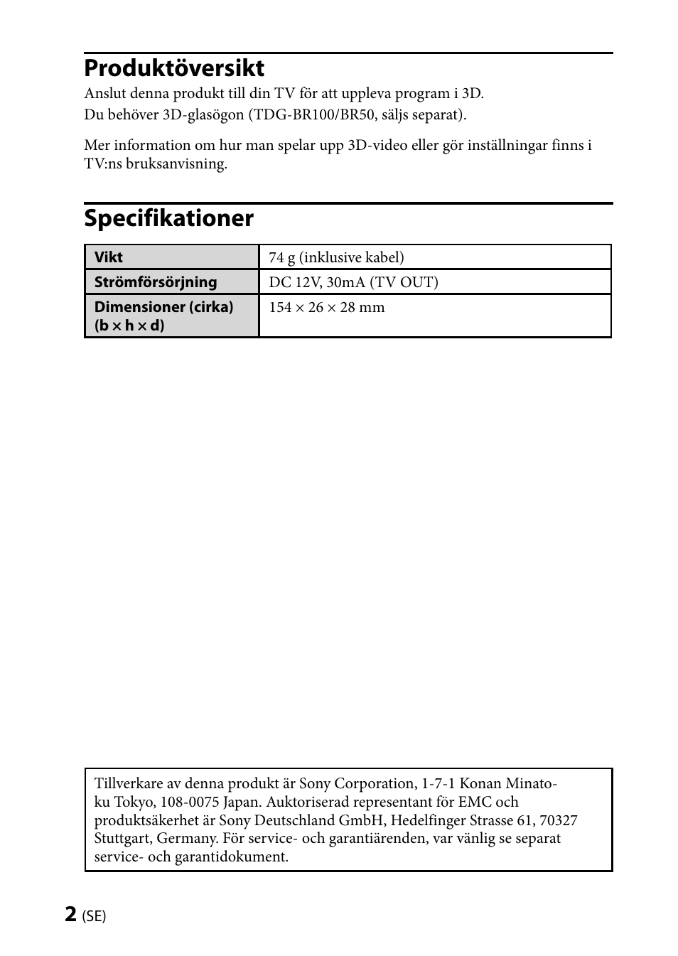 Produktöversikt, Specifikationer | Sony TMR-BR100 User Manual | Page 38 / 127