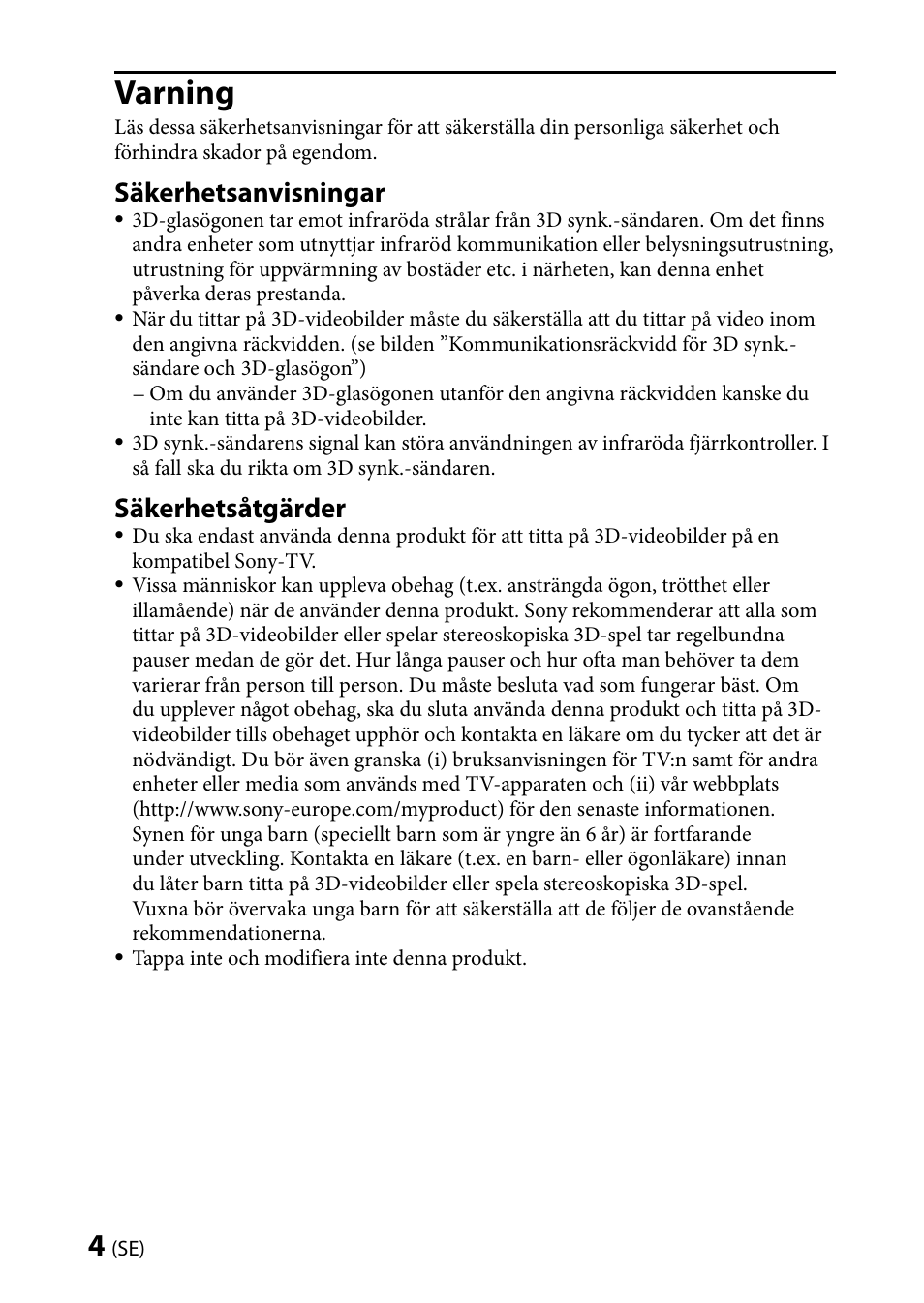 Varning, Säkerhetsanvisningar, Säkerhetsåtgärder | Sony TMR-BR100 User Manual | Page 40 / 127