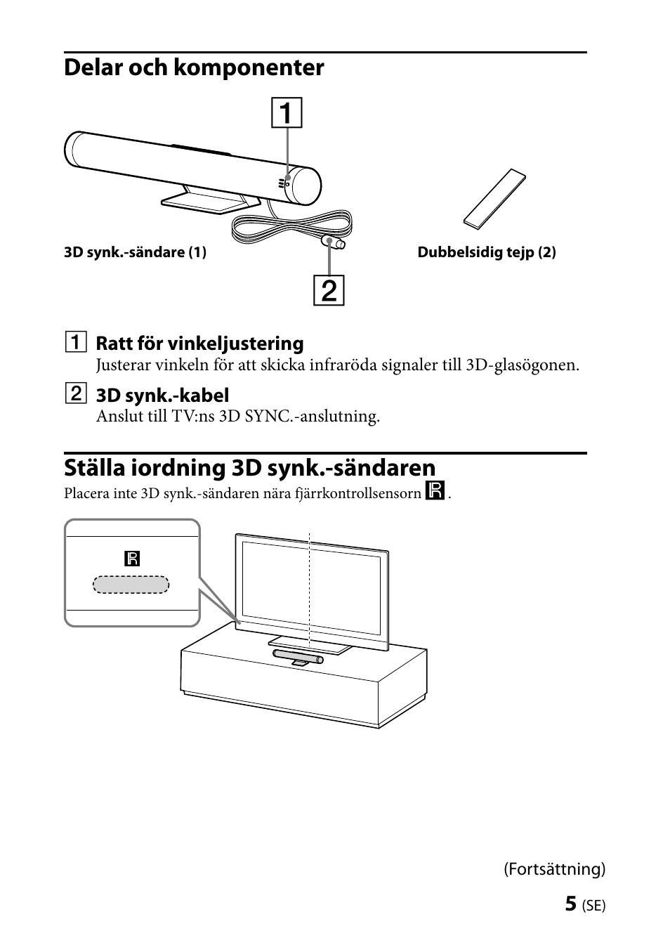 Delar och komponenter, Ställa iordning 3d synk.-sändaren | Sony TMR-BR100 User Manual | Page 41 / 127