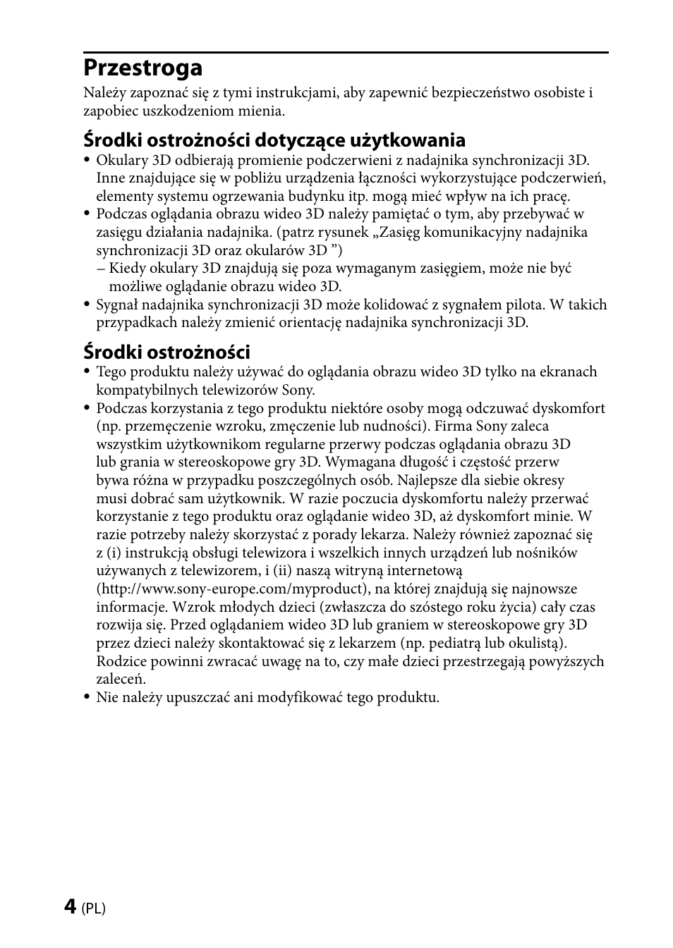 Przestroga, Środki ostrożności dotyczące użytkowania, Środki ostrożności | Sony TMR-BR100 User Manual | Page 46 / 127