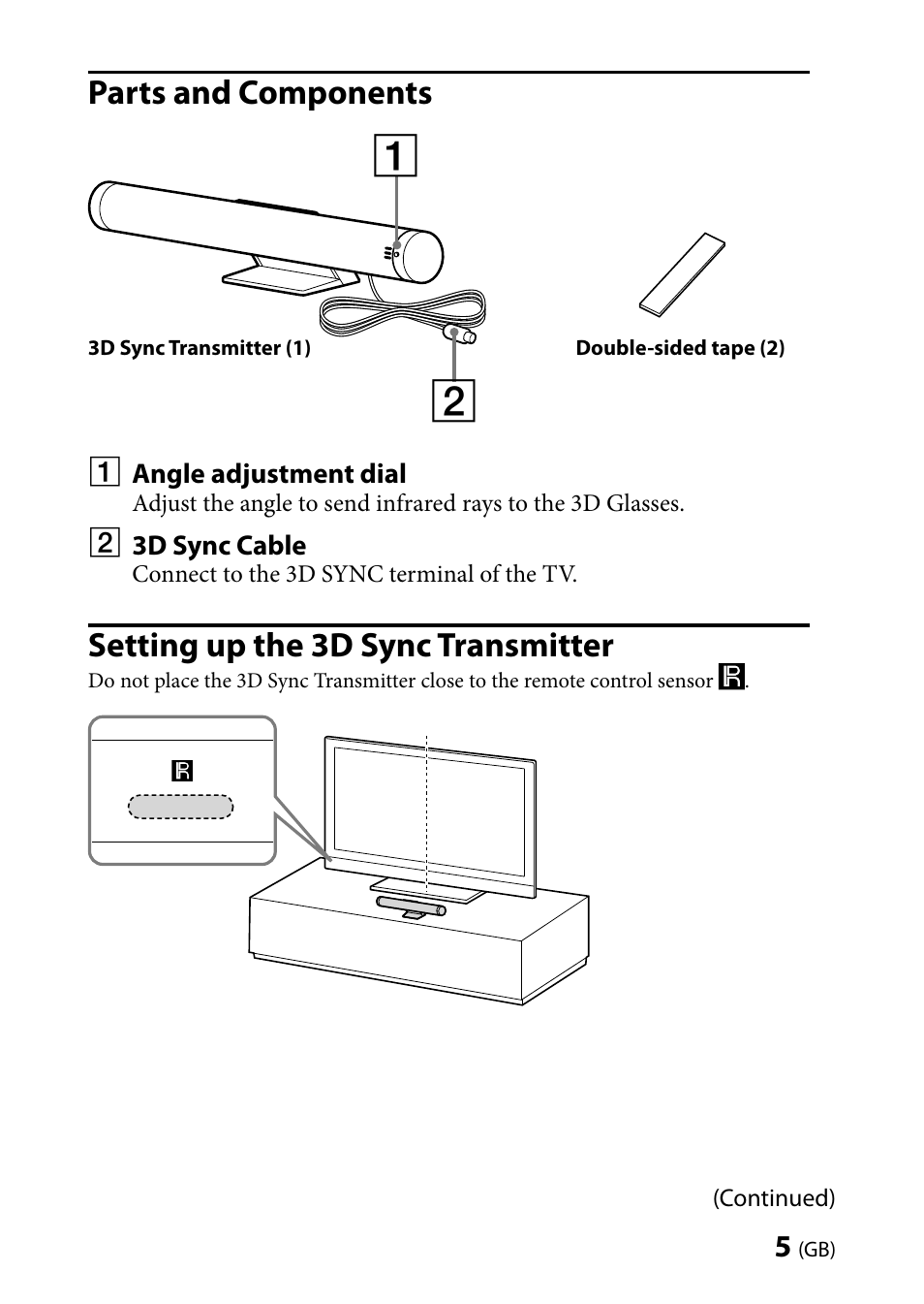 Parts and components, Setting up the 3d sync transmitter | Sony TMR-BR100 User Manual | Page 5 / 127